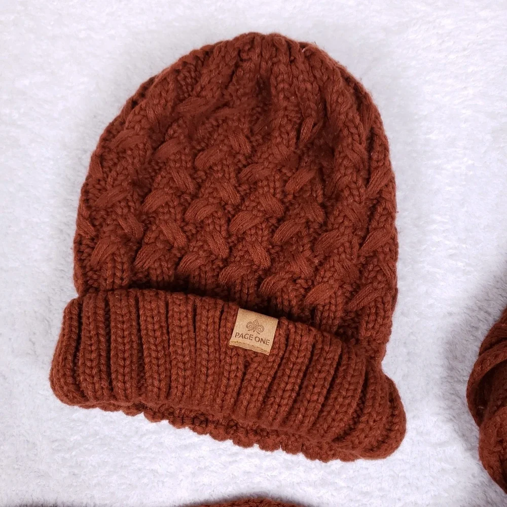 Page One Beanie Scarf Set OS Cable‎ Knit Rust Brown Winter Warm Fleece Lined